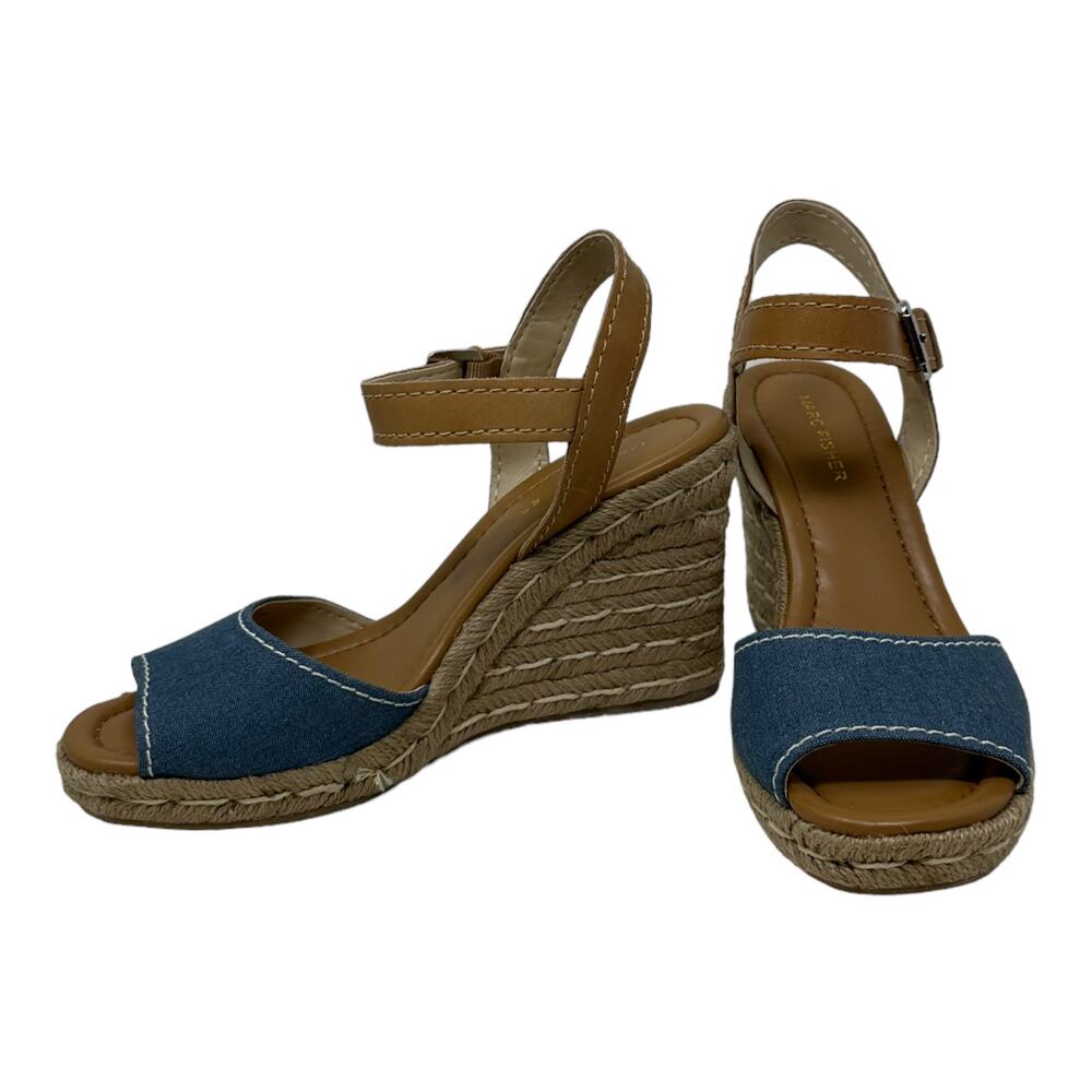 Marc Fisher Denim & Leather Espadrille Wedges Sandals Size 7.5
